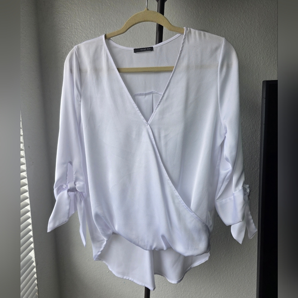 West Kei White Wrap Blouse with Tie Sleeves